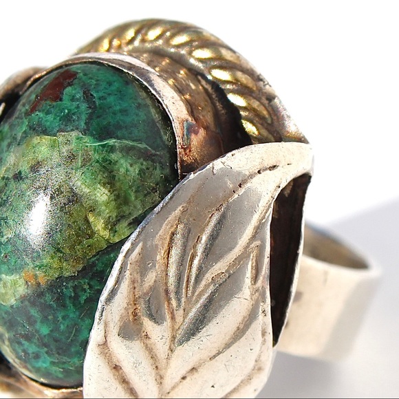 Vintage Green Chrysocolla Sterling Silver Leaf Statement Ring Size 5.5 Mexican - Picture 3 of 8